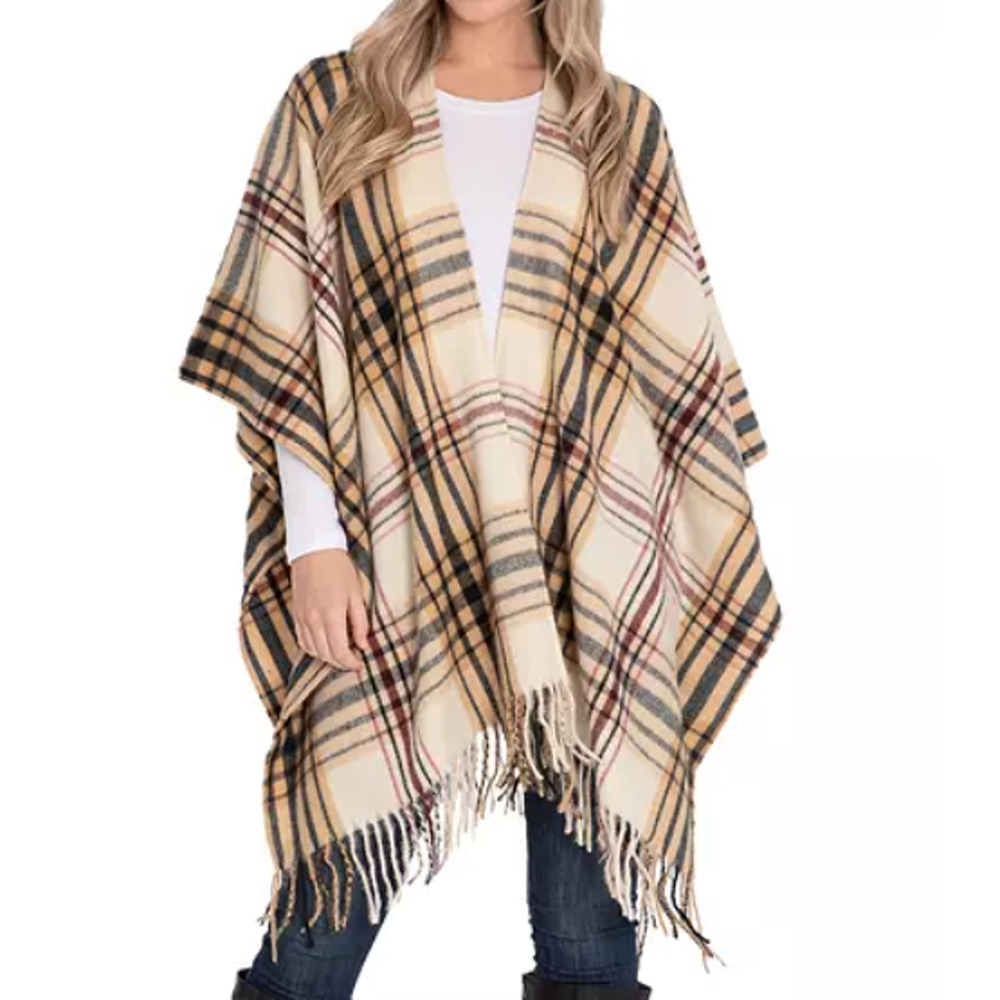 Woolrich Tan Plaid Fringe Cozy Rauna Blanket Cape Wrap Shawl Womans One Size